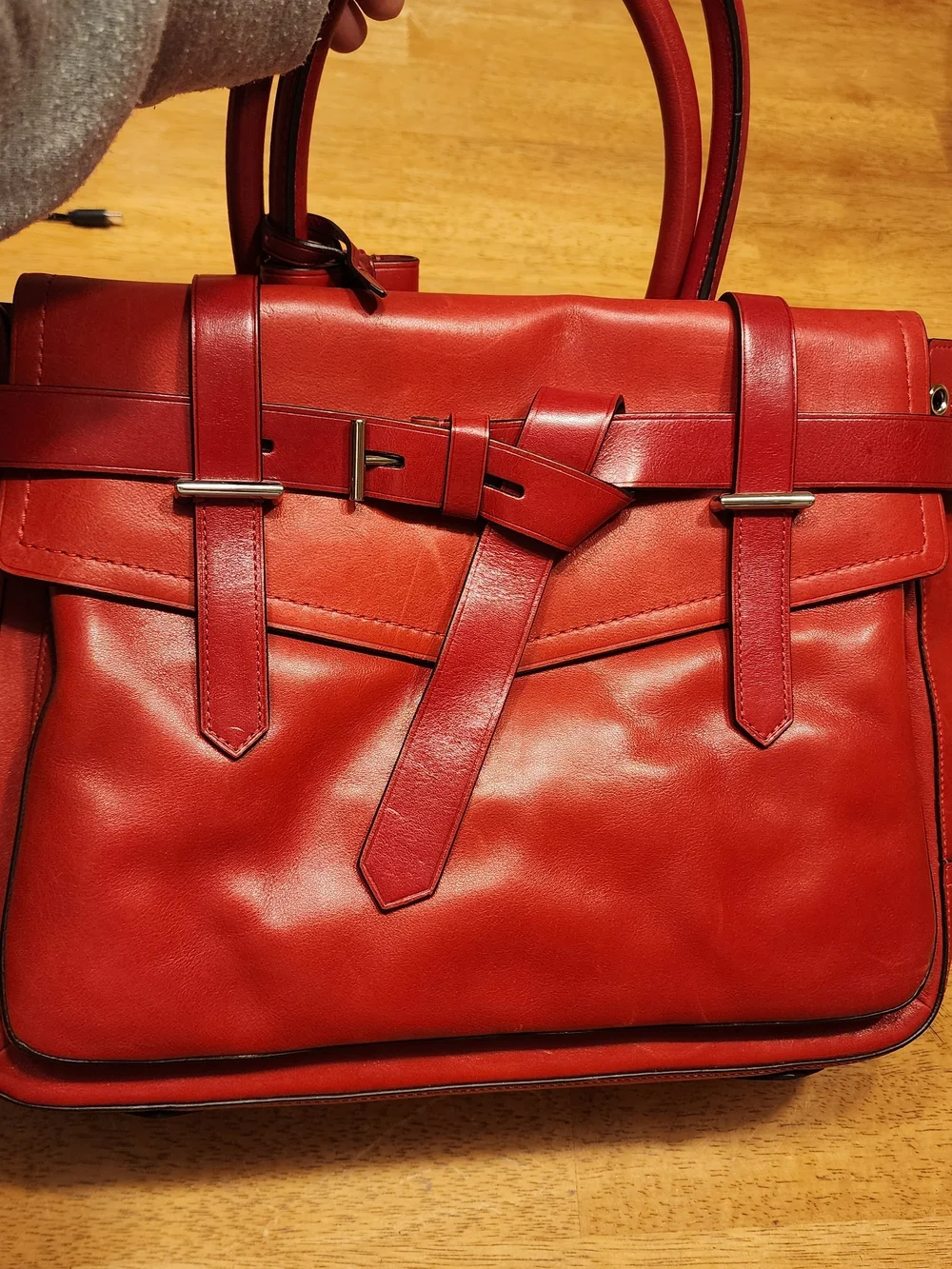 red leather Reed Krakoff Boxer tote bag distinctive front belt detail